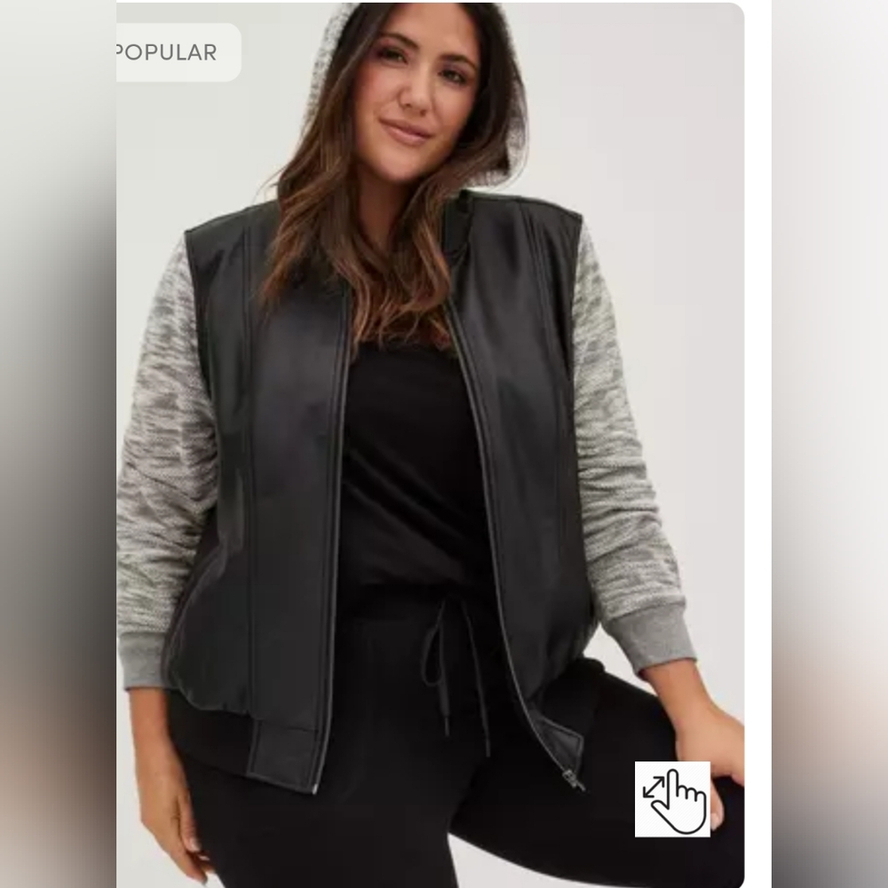 Torrid Black Leather Jacket with Gray Knit Sleeves